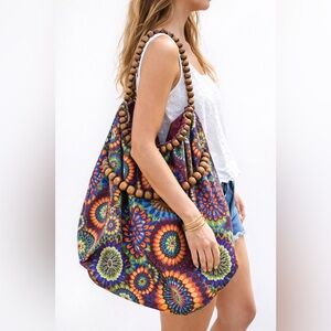 Amici Boho Beaded Handle Oversized Tote Bag – Multicolor Mandala Print